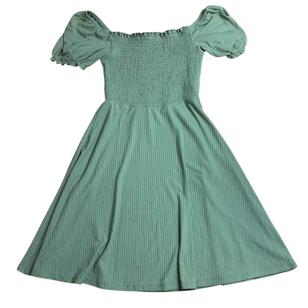 Bluenotes Sage Green Smocked Off-the-Shoulder Ribbed Mini Dress Size S